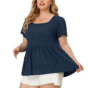Women's Plus Size Rib Solid Peplum Square Neck Babydoll Tee
