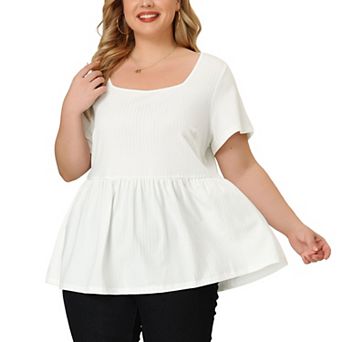 Women's Plus Size Rib Solid Peplum Square Neck Babydoll Tee