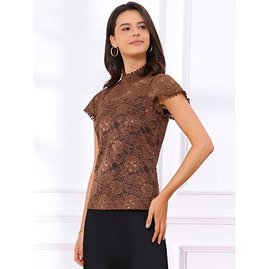 Women's Elegant Floral Lace Blouse Short Sleeve Keyhole Back Fitted Semi Sheer Top