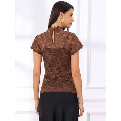 Women's Elegant Floral Lace Blouse Short Sleeve Keyhole Back Fitted Semi Sheer Top