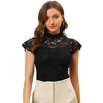 Women's Elegant Floral Lace Blouse Short Sleeve Keyhole Back Fitted Semi Sheer Top