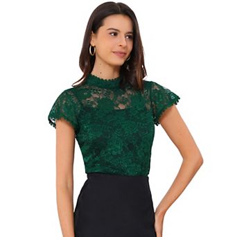 Women's Elegant Floral Lace Blouse Short Sleeve Keyhole Back Fitted Semi Sheer Top