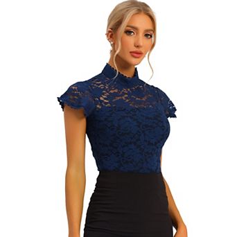 Women's Elegant Floral Lace Blouse Short Sleeve Keyhole Back Fitted Semi Sheer Top