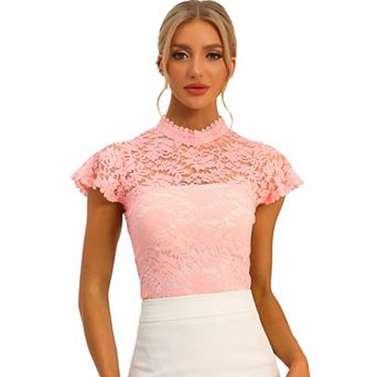 Women's Elegant Floral Lace Blouse Short Sleeve Keyhole Back Fitted Semi Sheer Top