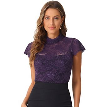 Women's Elegant Floral Lace Blouse Short Sleeve Keyhole Back Fitted Semi Sheer Top