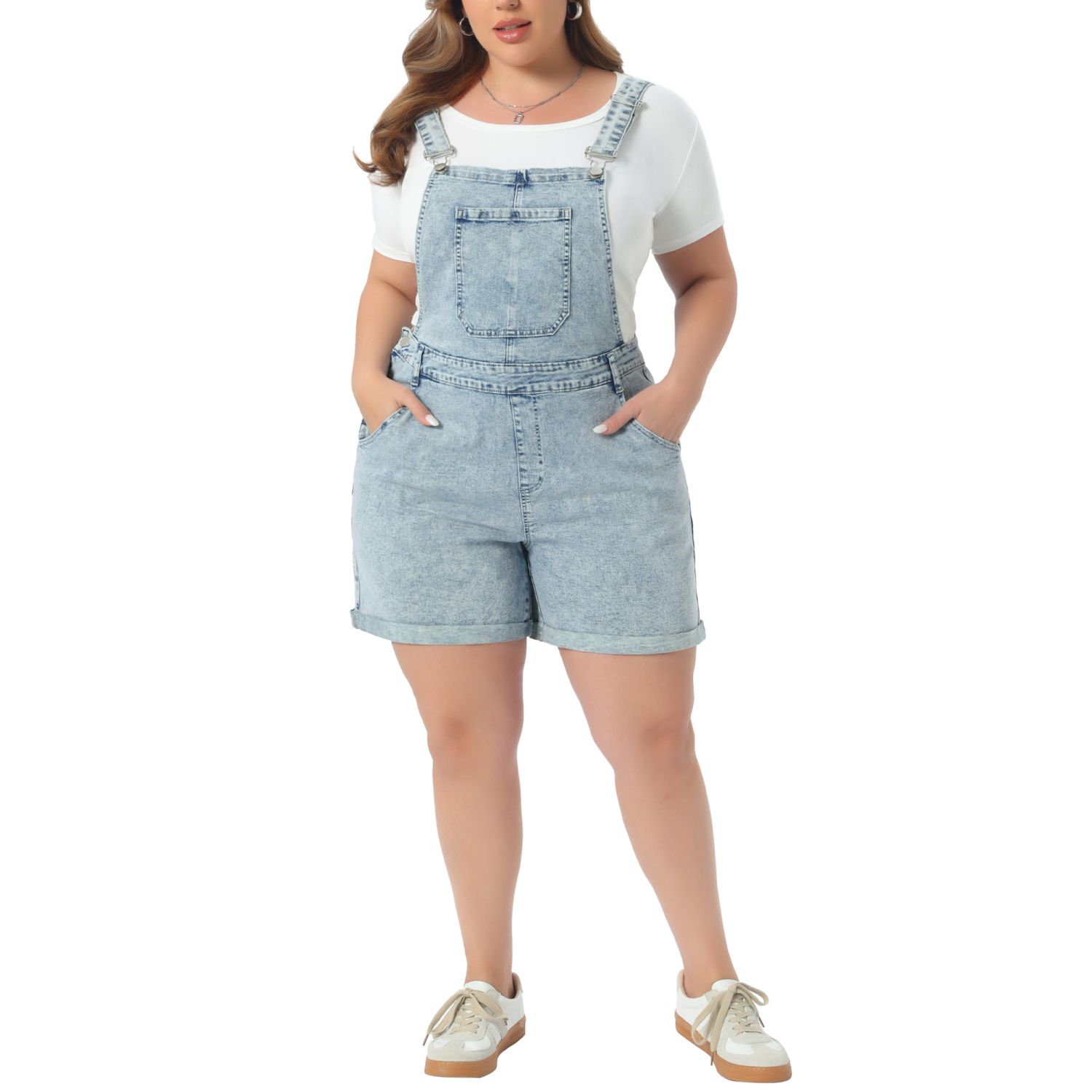 Женские шорты Plus Size Jumpsuit Roll Hem Pocket Jean Denim Overall Shorts