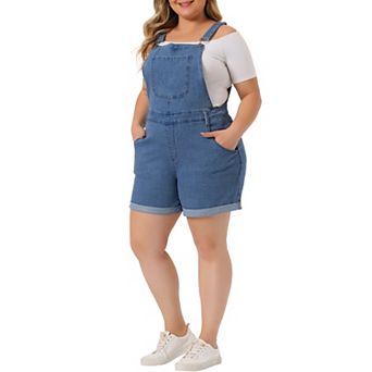 Women's Plus Size Jumpsuit Roll Hem Pocket Jean Denim Overall Shorts