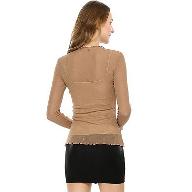 Women Long Sleeve Mesh Tops Spaghetti Strap Camisole Party Shirt