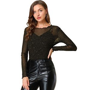 See Through Top for Women's Cut Out Long Sleeve Semi Sheer Fitted