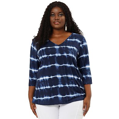 Women's Plus Size Tie Dye V Neck Relaxed Fit 3/4 Sleeve Stripe Top