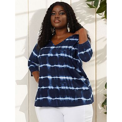 Women's Plus Size Tie Dye V Neck Relaxed Fit 3/4 Sleeve Stripe Top