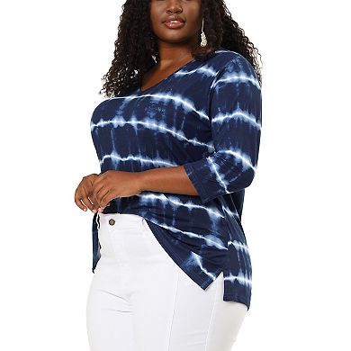 Women's Plus Size Tie Dye V Neck 3/4 Sleeve Side Slit Casual Stripe Top
