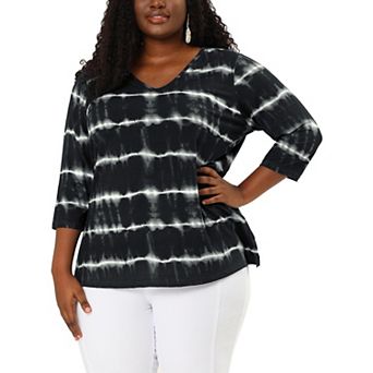 Women's Plus Size Striped Tie Dye V Neck 3/4 Sleeve Side Slit Casual Top
