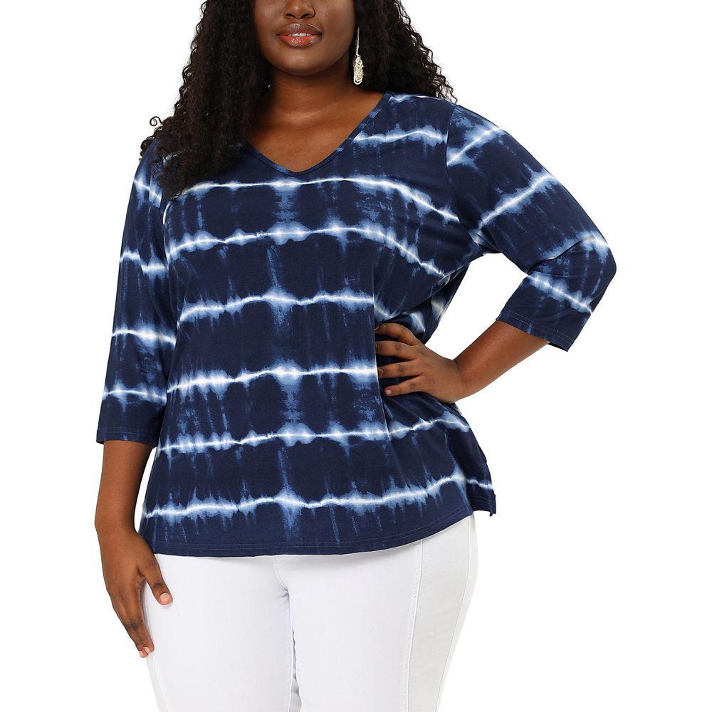 Casual Striped Contrast V Neck Plus Size Tops