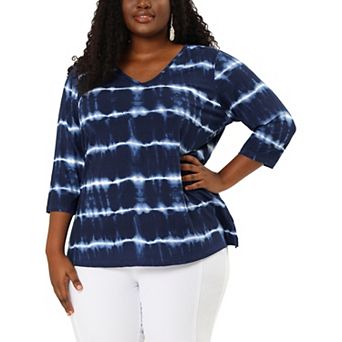 Women's Plus Size Striped Tie Dye V Neck 3/4 Sleeve Side Slit Casual Top