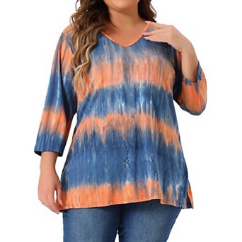 Women's Plus Size Striped Tie Dye V Neck 3/4 Sleeve Side Slit Casual Top