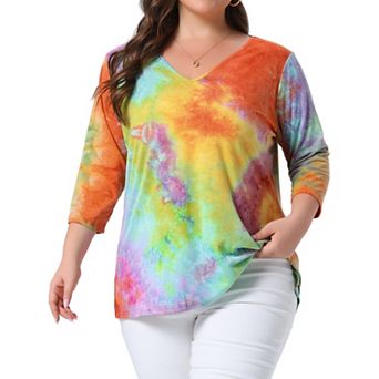 Women's Plus Size Striped Tie Dye V Neck 3/4 Sleeve Side Slit Casual Top