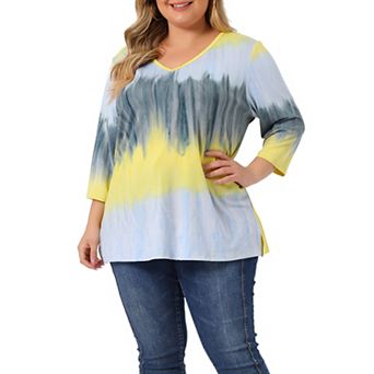 Women's Plus Size Striped Tie Dye V Neck 3/4 Sleeve Side Slit Casual Top