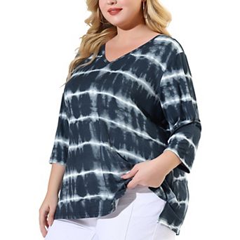 Women's Plus Size Striped Tie Dye V Neck 3/4 Sleeve Side Slit Casual Top