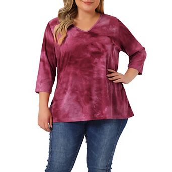 Women's Plus Size Striped Tie Dye V Neck 3/4 Sleeve Side Slit Casual Top