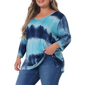 Women's Plus Size Striped Tie Dye V Neck 3/4 Sleeve Side Slit Casual Top