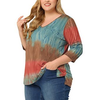 Women's Plus Size Striped Tie Dye V Neck 3/4 Sleeve Side Slit Casual Top