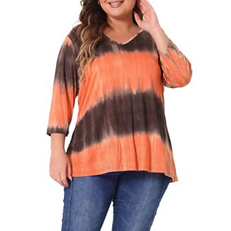 Women's Plus Size Striped Tie Dye V Neck 3/4 Sleeve Side Slit Casual Top
