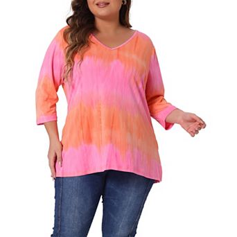 Women's Plus Size Striped Tie Dye V Neck 3/4 Sleeve Side Slit Casual Top