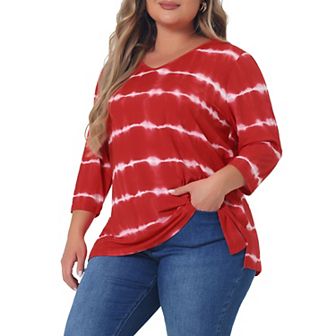 Women's Plus Size Striped Tie Dye V Neck 3/4 Sleeve Side Slit Casual Top