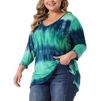 Women's Plus Size Striped Tie Dye V Neck 3/4 Sleeve Side Slit Casual Top