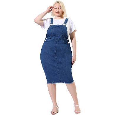 Women's Plus Size Jeans Dress Adjustable Strap Back Suspender Raw Hem Curvy Denim Overall