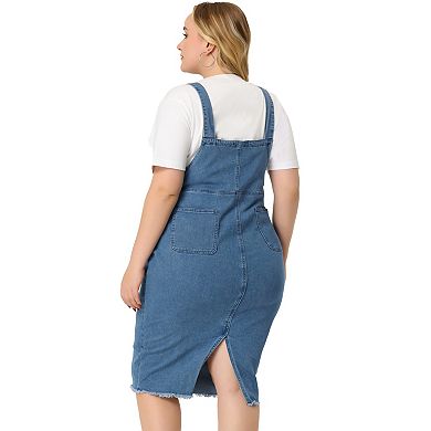 Women's Plus Size Jeans Dress Adjustable Strap Back Suspender Raw Hem Curvy Denim Overall