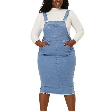 Women's Plus Size Jeans Dress Adjustable Strap Back Suspender Raw Hem Curvy Denim Overall