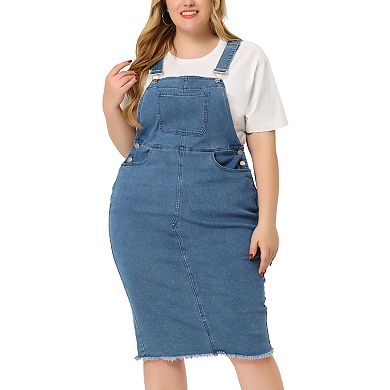 Women's Plus Size Jeans Dress Adjustable Strap Back Suspender Raw Hem Curvy Denim Overall