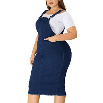 Women's Plus Size Jeans Dress Adjustable Strap Back Suspender Raw Hem Curvy Denim Overall