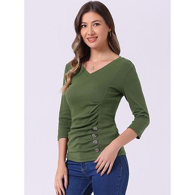 Women's Decorative Button V Neck 3/4 Sleeve Solid Blouse Knit