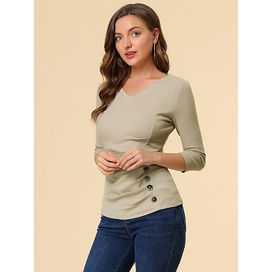 Women's Button Decor V Neck 3/4 Sleeve Solid Blouse Knitted Ruched Top
