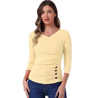 Women's Decorative Button V Neck 3/4 Sleeve Solid Blouse Knit Ruched Top