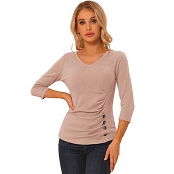 Women's Decorative Button V Neck 3/4 Sleeve Solid Blouse Knit Ruched Top