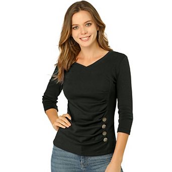 Women's Decorative Button V Neck 3/4 Sleeve Solid Blouse Knit Ruched Top