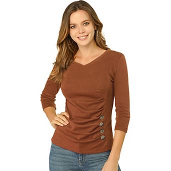 Women's Decorative Button V Neck 3/4 Sleeve Solid Blouse Knit Ruched Top