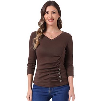 Women's Decorative Button V Neck 3/4 Sleeve Solid Blouse Knit Ruched Top