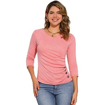 Women's Decorative Button V Neck 3/4 Sleeve Solid Blouse Knit Ruched Top