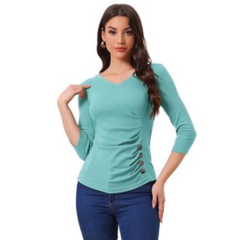 Women's Decorative Button V Neck 3/4 Sleeve Solid Blouse Knit Ruched Top