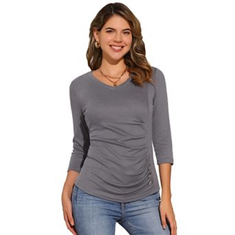 Women's Decorative Button V Neck 3/4 Sleeve Solid Blouse Knit Ruched Top
