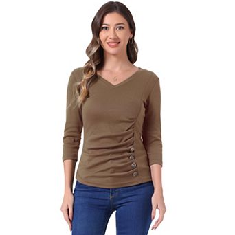 Women's Decorative Button V Neck 3/4 Sleeve Solid Blouse Knit Ruched Top