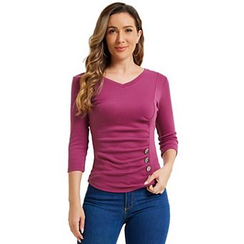 Women's Decorative Button V Neck 3/4 Sleeve Solid Blouse Knit Ruched Top