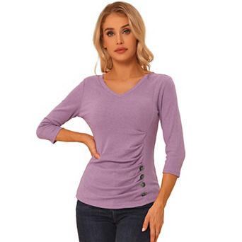 Women's Decorative Button V Neck 3/4 Sleeve Solid Blouse Knit Ruched Top