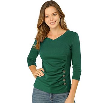 Women's Decorative Button V Neck 3/4 Sleeve Solid Blouse Knit Ruched Top