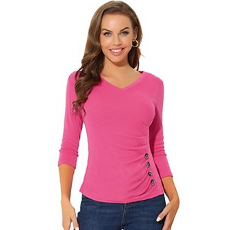 Women's Decorative Button V Neck 3/4 Sleeve Solid Blouse Knit Ruched Top